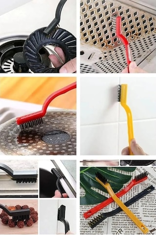 6'li Mini Tel Fırça Seti Aspiratör Musluk Duşakabin Lavabo Fırın Ocak Mutfak Derz Banyo Tuvalet Pas Yağ Temizl