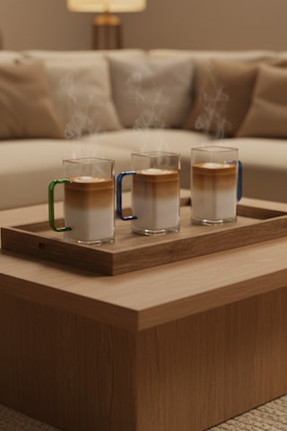 4 Kişilik Borosilikat Kare Renkli Saplı Cam Latte Takımı Isıya Dayanıklı 400 Ml Beyaz