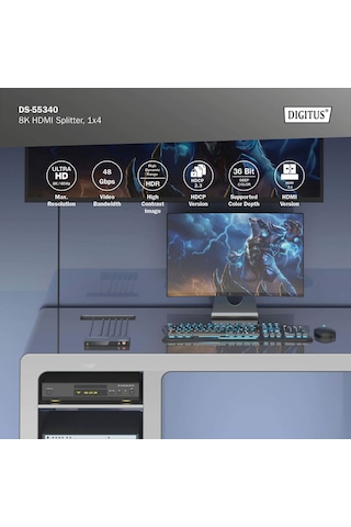 Digitus 1x4 Hdmı Splitters Ayırıcı, 8k/60hz 4:4:4 , Toslink, Stereo, Edıd Kontrolü