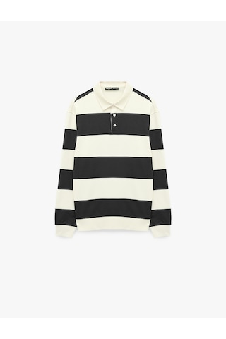 Koton Uzun Kollu Rahat Kalıp Çizgili Düğmeli Polo Yaka Sweatshirt Lacivert Çizgili 7wam70058mk