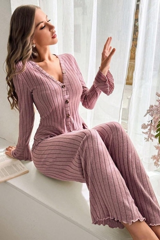 Bella Notte V Yaka Gül Kurusu İspanyol Kol Pamuklu Pijama Takımı Pembe