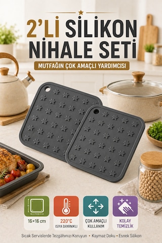 2'li Set Antrasit Silikon Nihale 16x16cm Çok Amaçlı Tencere Tava Altlığı Fırın Tepsi Tutacağı