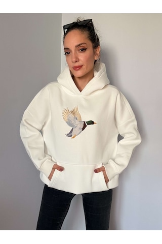 Ali Butik Beyaz Önü Nakış İşleme Şardonlu Sweatshirt Beyaz