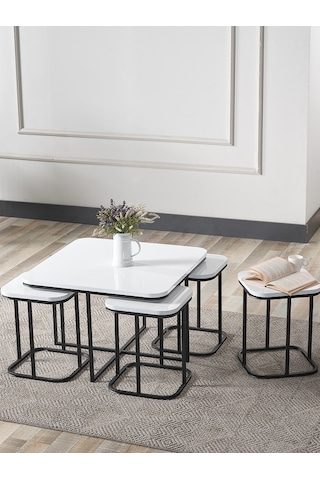 Pelikan 4+1 Beyaz Ahşap Siyah Metal Ayak Takım Sehpa Sedaş Living Units Sehpa