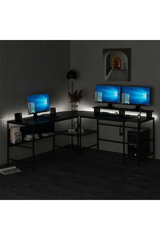 Minar Greta Rgb Led Işıklı L Köşe Çalışma Masası Siyah