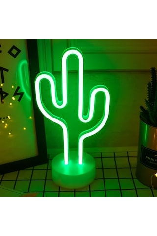 Honeybeeshop Pil İle Calisan Neon Kaktus Masa Lambasi Yesil 29.5x10x14 Cm Modern Plastik Uplight Anahtar Kontrolu Ev Ofis Kafe Dekoru Ideal Yeşil