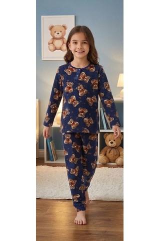 Biçomi Hassas Ciltlere Özel Nefes Alan Pamuk Penye Ayıcık Baskılı Çocuk Pijama Takımı 6-14 Yaş Lacivert