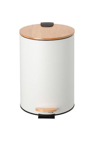 Bambu Kapaklı Pedallı Metal Çöp Kovası - 12 Lt. - Beyaz Beyaz