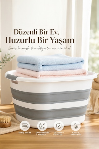 Porsima 1065 25 Lt Akordiyon Sepet Katlanabilir Çamaşır Sepeti Beyaz - Gri
