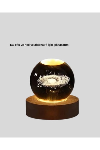 Samanyolu Desenli Kristal Küre Ahşap Standlı Gün Işığı Led Masa Lambası Reknli