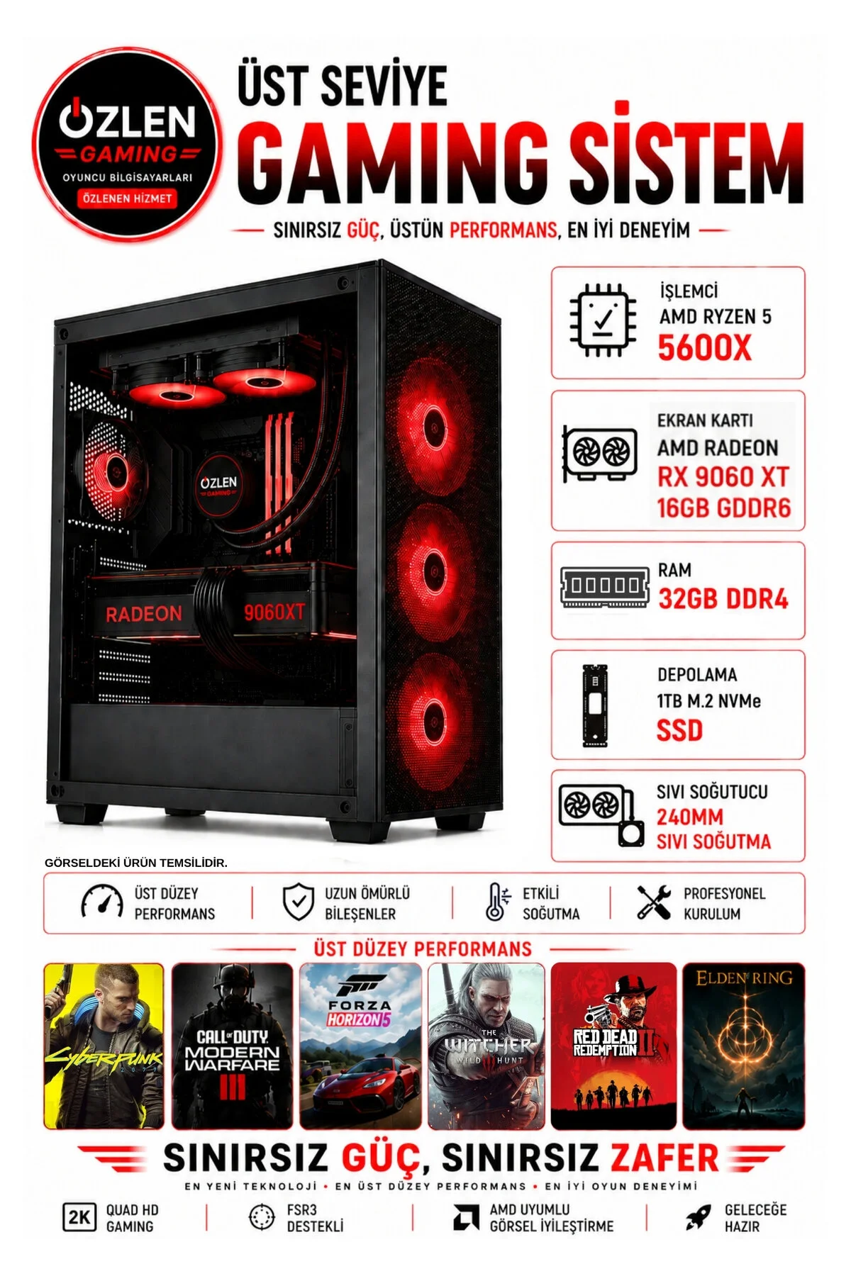 Özlen XL3 OZLN-AMD5-9060XT-32-1000 Reyzen 5 5600X 16 GB 32 GB 1 TB SSD RX 9060 XT W11P Masaüstü Oyuncu Bilgisayarı