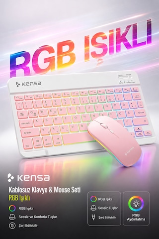 Tablet Ve Bilgisayar İçin Rgb Led Işıklı Taşınabilir Kablosuz Bluetooth Klavye Ve Dongle'lı Mouse Seti Pembe