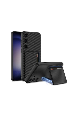 Galaxy S24 Plus Suni Deri Arka Yüzey Zore Kartlıklı Kıpta Silikon Kapak Siyah Karbon