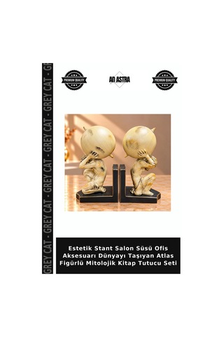 Estetik Stant Salon Süsü Ofis Aksesuarı Dünyayı Taşıyan Atlas Figürlü Mitolojik Kitap Tutucu Seti