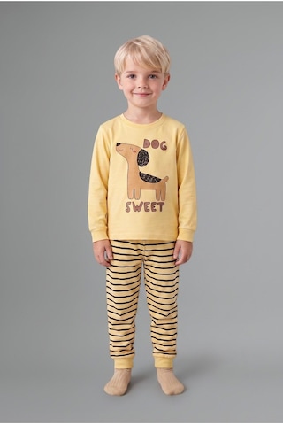Defacto Baskılı Uzun Kol Üst Çizgili Alt 2li Pijama Takımı Erkek Bebek I1433a526auyl166 Sarı-yl166