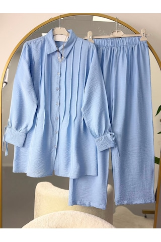Lovie Moda Pile Detaylı Gömlek Pantolonlu Takım Mavi Lovie Moda Pile Detaylı Gömlek Pantolonlu Takım Mavi