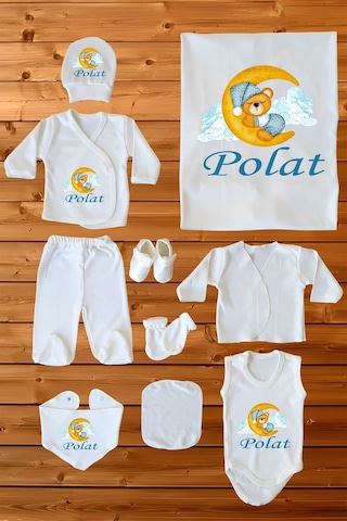 %100 Pamuk Baskılı 10 Lu Isimli Organik Erkek Bebek Hastane Çıkışı Beyaz