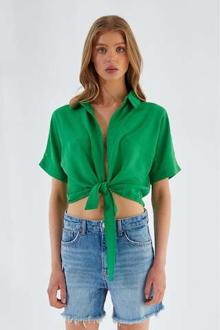 4230 Kadın Bağlamalı Yazlık Keten Gömlek Yeşil Yeşil