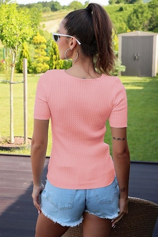 Aqe Fashion V Yaka Kısa Kol Pudra Bluz Pudra