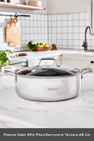 Karaca  Plasma Steel 3Ply İndüksiyon Tabanlı Çelik Pilav/Karnıyarık Tencere 28 Cm