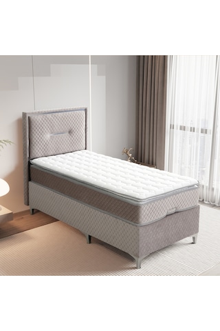 Lina Gri Tek Kişilik Sandıklı Baza + Ortopedik Pedli Yatak + Klapalı Başlık 3 Lü Set 90 x 190 CM