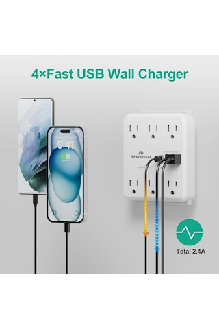 Xuweiwei N-725-white Newboslı 6 Ac Ve 4 Usb Portlu Aşırı Gerilim Korumalı Duvar Priz Kompakt Tasarım Beyaz