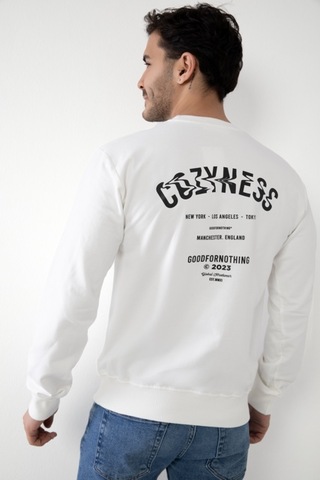 Cozyness Kapüşonsuz Baskılı Erkek Sweatshirt Beyaz