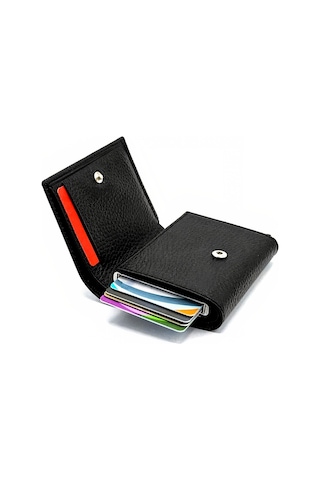 Otamatik Pop-up Mekanizmalı Rfıd Deri Kartlık Cüzdan Portföy Siyah Siyah Floter