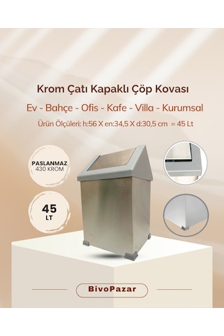 Krom Sallanır Çatı Kapaklı Çöp Kovası 45 Lt