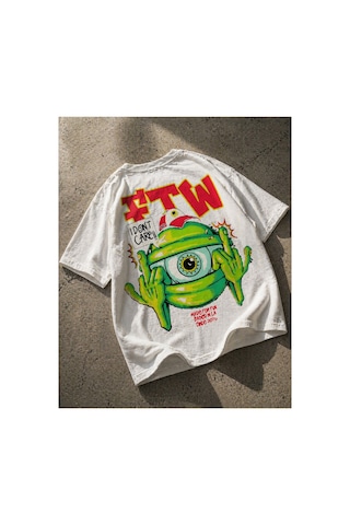 Yolo Street Unisex Oversize Beyaz Tişört Ftw Tek Göz Grafik Baskılı Pamuk Streetwear Beyaz3