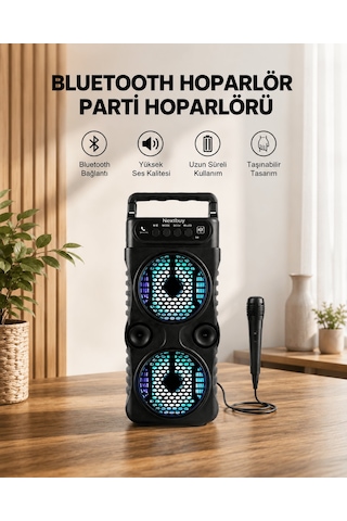 Led Işıklı Bluetoothlu Hoparlör Mikrofonlu Taşınabilir Ses Sistem