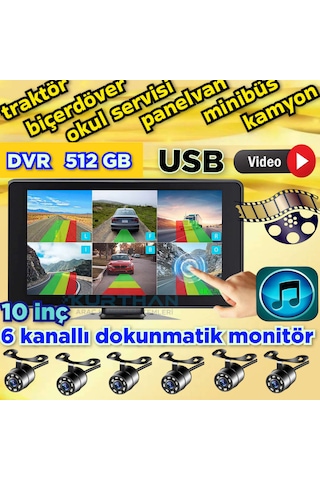 10 İnç 6 Ch 512 Gb Dokunmatik Usb Bsd Dvr Ekran Ahd 720p Rca Beyaz Ledli Kelebek Kamera 12 Volt