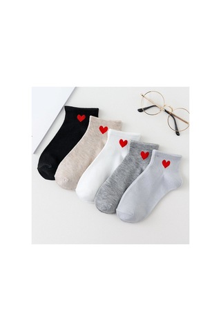 Worthy Socks 5'li Kadın Kalp Desenli Karışık Renkli Bilek Üstü Çorap Seti 5 Çift Kalpli