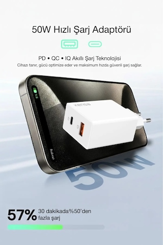 50w Pd Çift Çıkışlı Hızlı Şarj Başlığı Usb-c + Usb-a, Akıllı Güvenlik Çipli 1 Adet