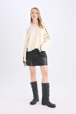 Defacto D3016ax24wnbk27 Coool A Kesim Yüksek Bel Suni Deri Kadın Mini Etek Siyah