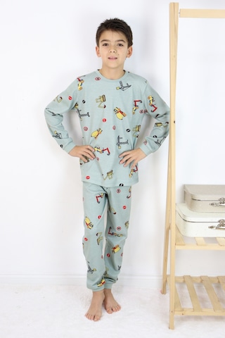 Erkek Çocuk Baskılı İnterlok Kumaş Uzun Kollu Pijama Takımı Açık Yeşil