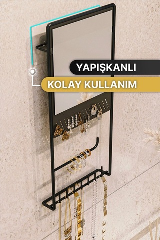 Takı Düzenleyici Takılık Kolye Küpe Bileklik Askılık Aynalı Tasarım Lüks Siyah Mat Ayna