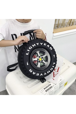 Yaratıcı Tekerlek Şekli 3d Küçük Okul Çantası-siyah