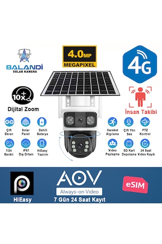 Balandı Pro-8200gıp 4mp 2 Kameralı E-sim 4g Solar Smart Kamera Güneş Panelli Hieasy Yazılım