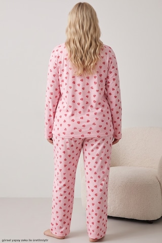 Siyah İnci Baskılı Büyük Beden Battal Boy Örme Pijama Takım 8089 Kırmızı Kalp