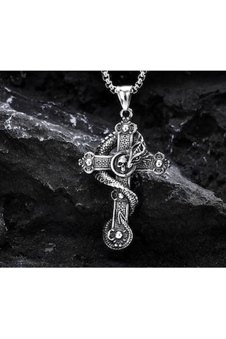 Paslanmaz Çelik Gotik Tarz Ejderha Detaylı Kurukafa Haç Kolye Gümüş