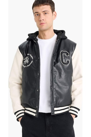 Defacto Regular Fit Kolej Yaka Çıkarılabilir Kapüşonlu Çıtçıtlı Suni Deri Bomber Mont E9972ax25aubk27 Siyah