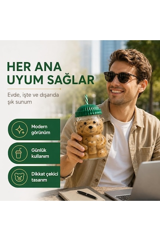 Ayıcıklı Cam Bardak 580 Ml - Pipetli Kapaklı Borosilikat İçecek Bardağı - Soğuk Kahve Smoothie Limonata Su İçin Sevimli Ayı Tasarım - Hediye Kupa Dekoratif Sunum - Yeşil Beyaz - Çok Renkli