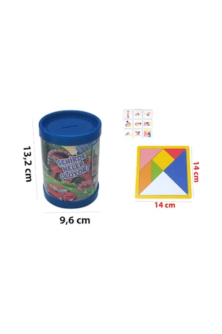 7 Parça Kalın Ahşap Ortaboy Tangram + 90 Parça Yapbozlu Kumbara Puzzle