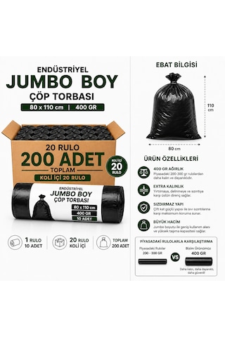 Endüstriyel Jumbo Boy Çöp Torbası 80x110 Cm 400 Gr 20 Rulo 200 Adet Ekstra Kalın Siyah Çöp Poşeti