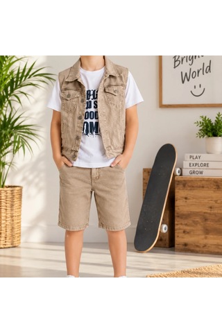 Candar Denim Kumaş Ve Tişörtlü Çocuk Takımı 5-12 Yaş Bej