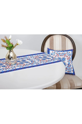 Çini Baskılı Kumaş Kreme Mavi Kırlent Kılıfı 45x45 Cm Ikili - 1436 45 x 45