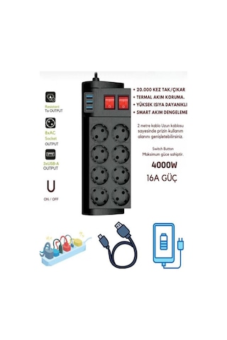 4000w, 16a, Akım Korumalı Priz 8xpriz, 3xusb, 2mt Kablo, Çoklayıcı Diğer