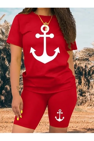 Gülsüm Aydın Kadın Kısa Kollu Çapa Baskılı Viskon Ikili Takım Kırmızı