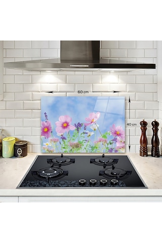 Decorita Menekşe Desenli | Cam Ocak Arkası Koruyucu | 40cm x 60cm